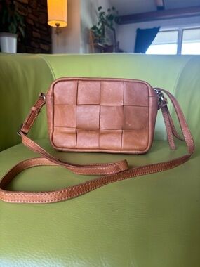 Margot New York Woven Leather Crossbody Bag Tan Brown Lattice Small